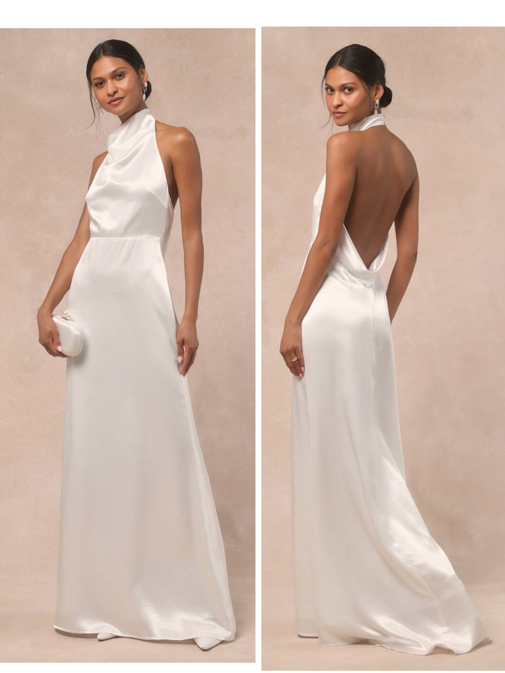 Lulus Meliana White Satin Halter Backless Maxi Dress Size Large Bridal Wedding